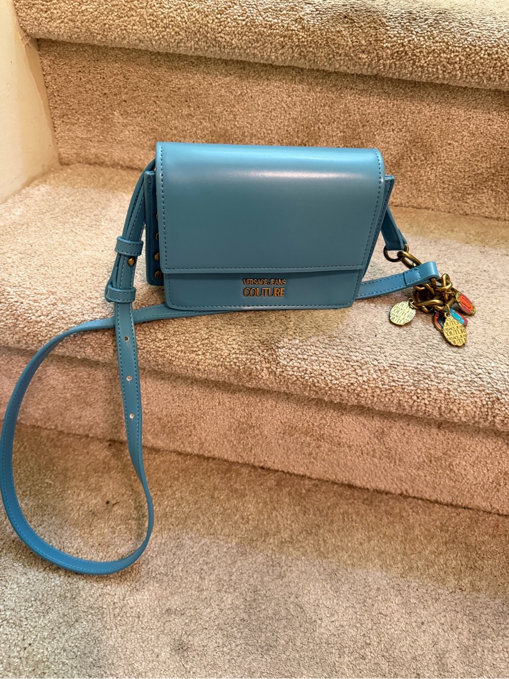 Versace Jeans Couture Light Blue Leather Crossbody Bag with Charm Detail New